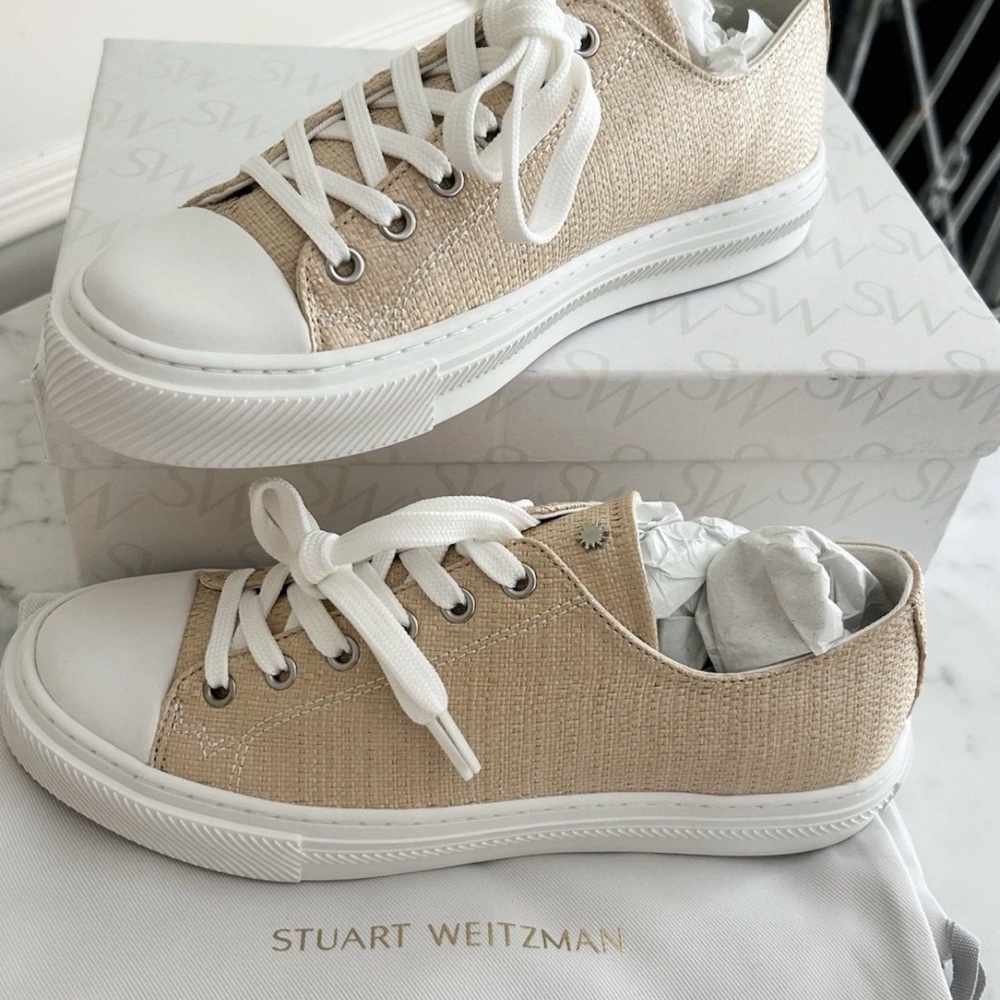 New In Box Stewart Weitzman Ollie Natural Raffia Low Top Sneakers Size 39.5 9B